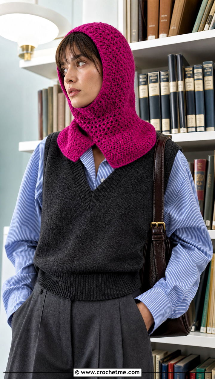 Loose Split Neck Crochet Balaclava With Button Down Shirt - 20 loose crochet balaclava outfit ideas
