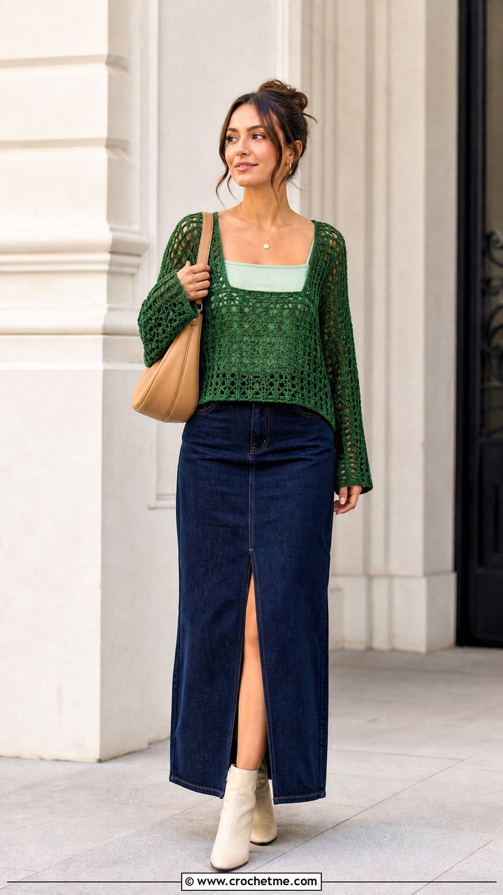 Loose Square Neck Crochet Top With Denim Maxi Skirt - 35 loose crochet top outfit ideas