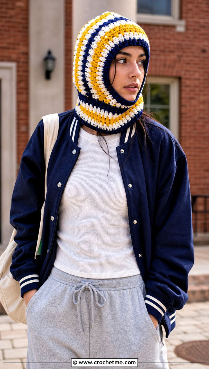 Loose Striped Crochet Balaclava With Varsity Jacket - 20 loose crochet balaclava outfit ideas