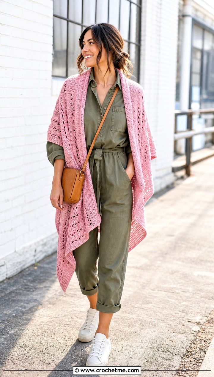 Loose Wrap Fall River Crochet Shawl With a Utility Jumpsuit - 25 Fall River Crochet Shawl outfit ideas