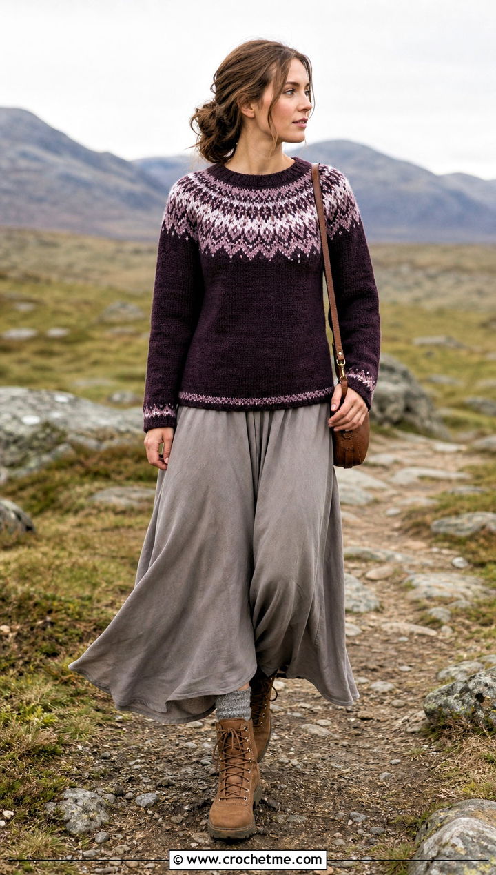 Lopapeysa Inspired Nordic Crochet Sweater With Maxi Skirt - 25 nordic crochet sweater outfit ideas