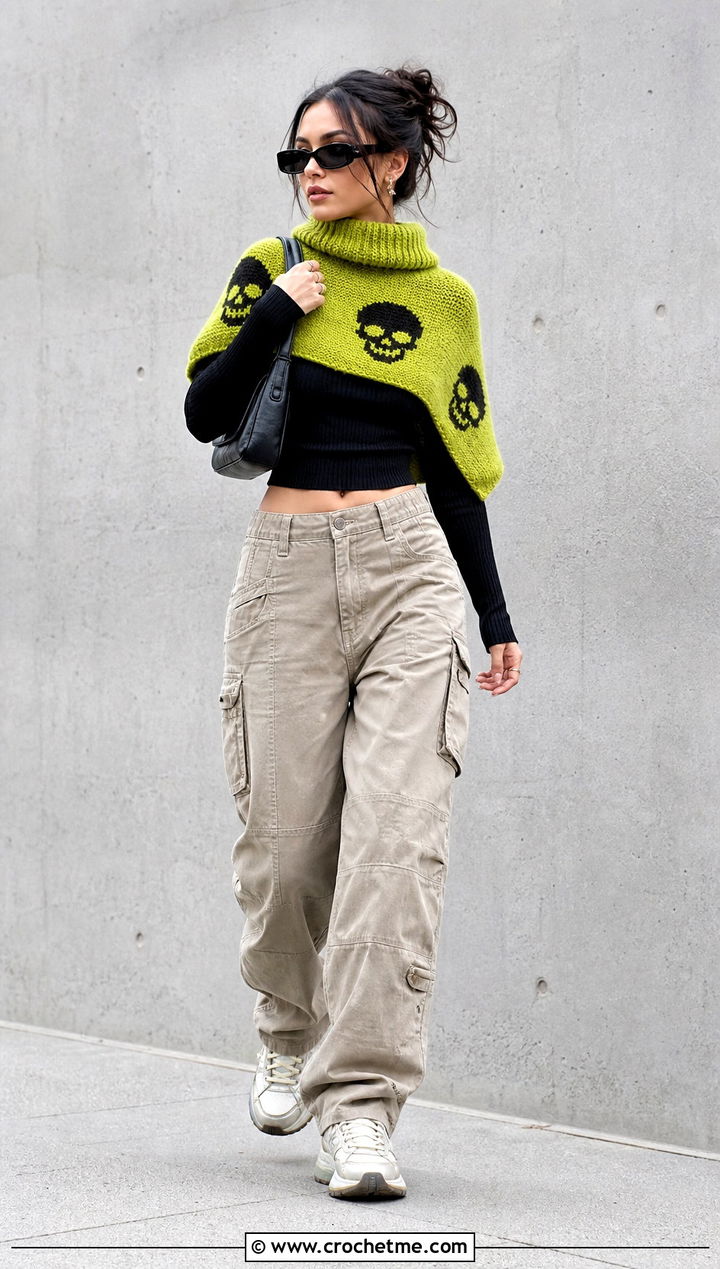Lost Souls Cropped Shawlette With Cargo Pants - 15 Lost Soul Crochet Shawl outfit ideas