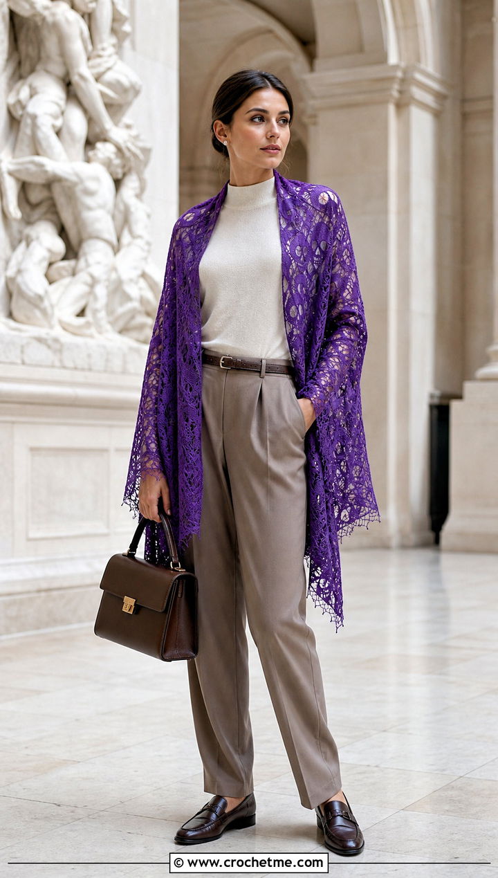 Lost Souls Lightweight Lace Shawl With Pleated Trousers - 15 Lost Soul Crochet Shawl outfit ideas