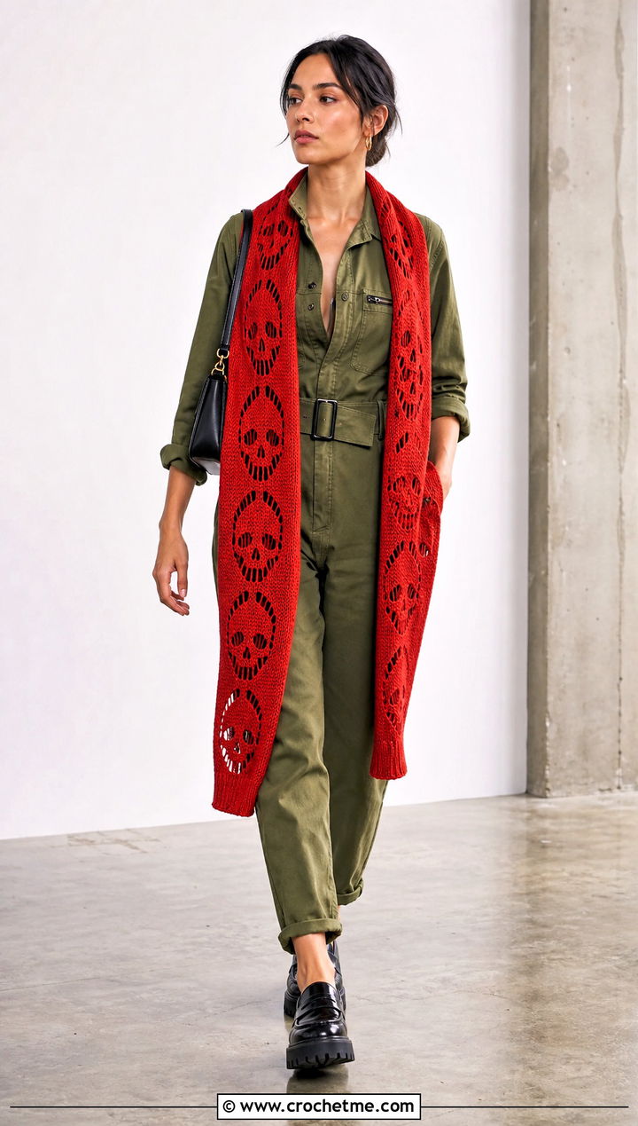 Lost Souls Longline Stole With A Utility Jumpsuit - 15 Lost Soul Crochet Shawl outfit ideas