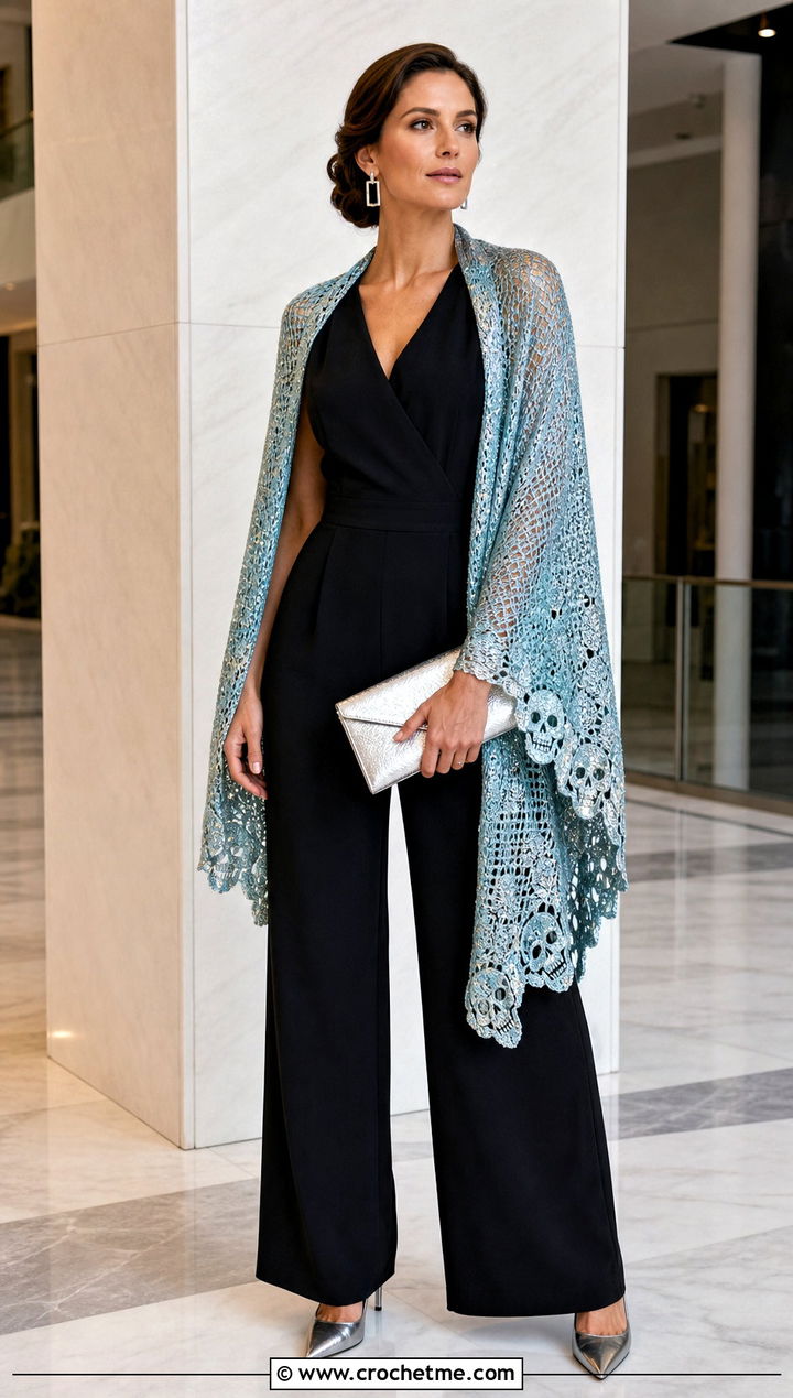 Lost Souls Metallic Thread Shawl With A Black Jumpsuit - 15 Lost Soul Crochet Shawl outfit ideas