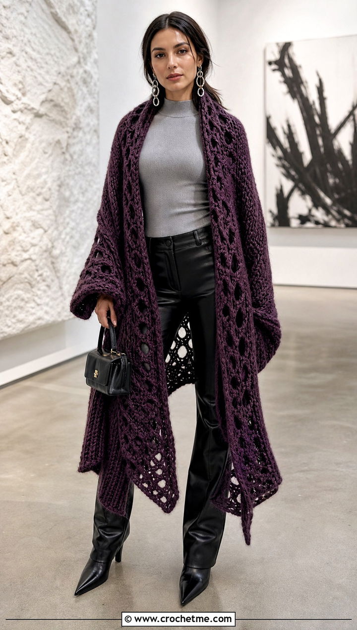 Lost Souls Oversized Wrap With Leather Pants - 15 Lost Soul Crochet Shawl outfit ideas