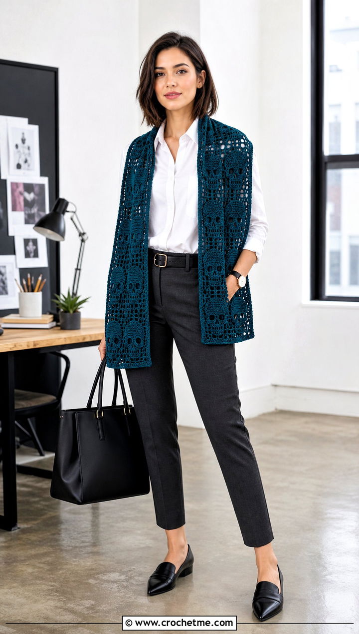 Lost Souls Rectangular Stole With Tailored Trousers - 15 Lost Soul Crochet Shawl outfit ideas