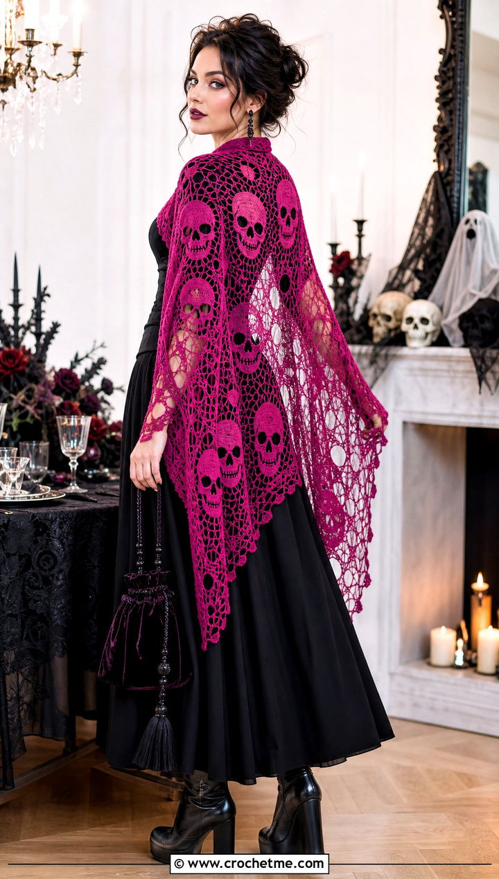 Lost Souls Skull Shawl With Corset Top and Maxi Skirt - 25 halloween crochet shawl outfit ideas