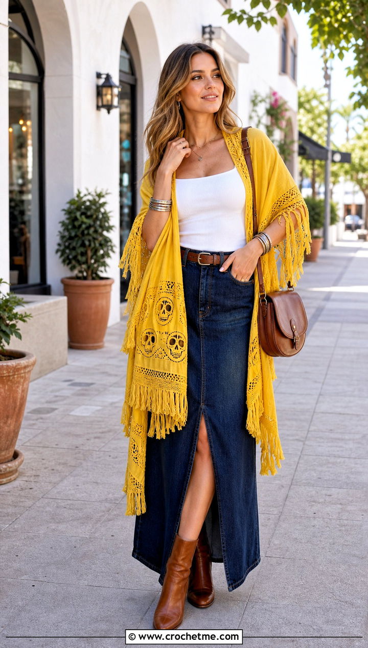 Lost Souls Tasseled Shawl With Denim Maxi Skirt - 15 Lost Soul Crochet Shawl outfit ideas