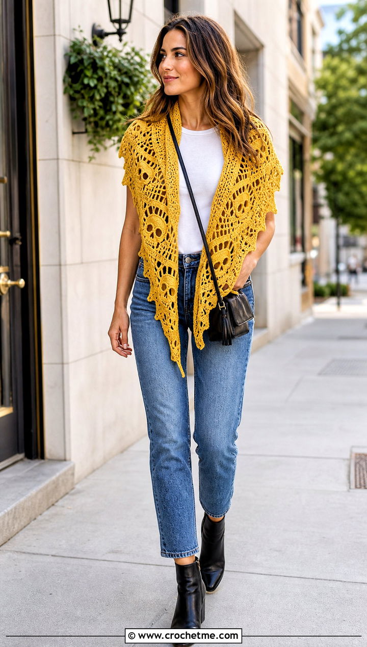 Lost Souls Triangle Crochet Skull Shawl With Straight Leg Jeans - 35 crochet skull shawl outfit ideas