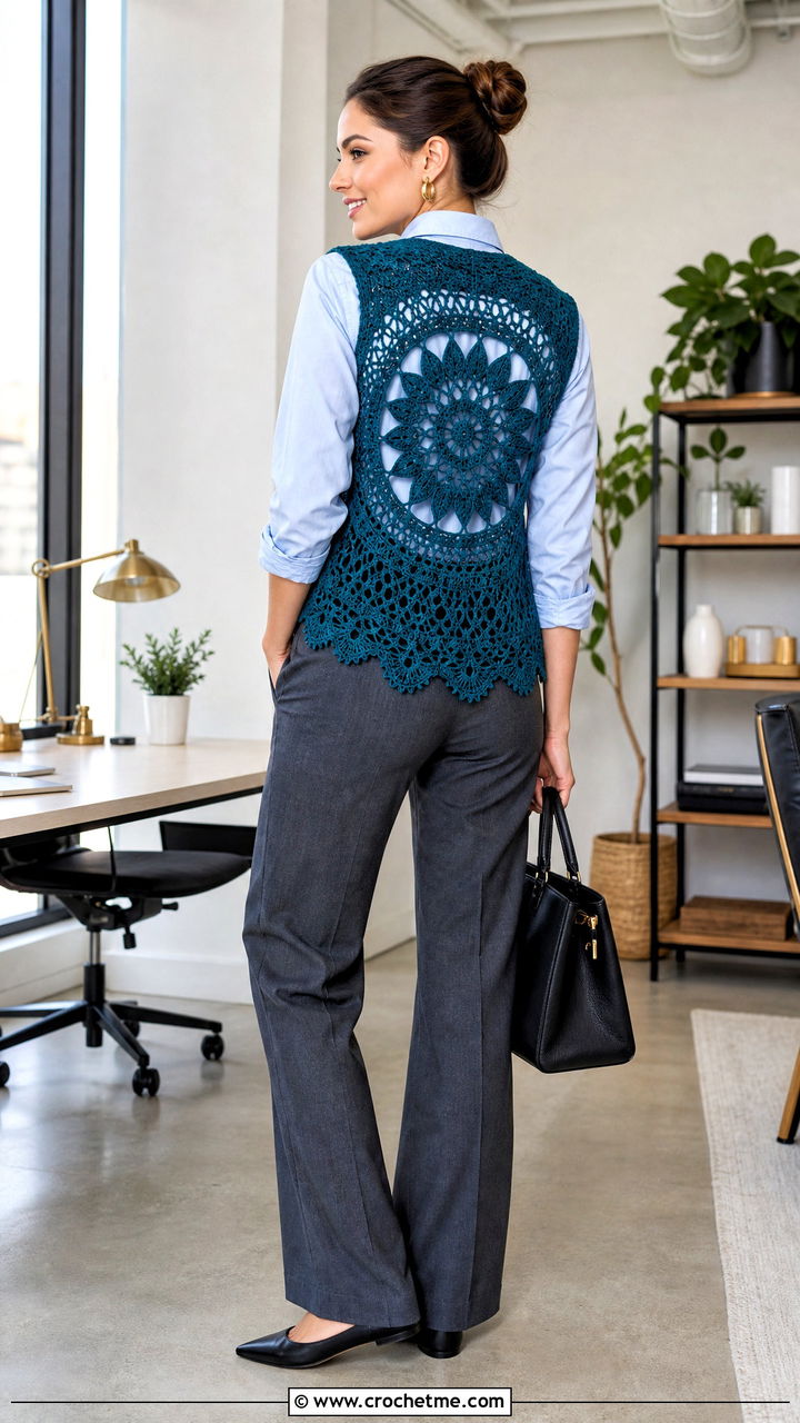 Lotus Crochet Circle Vest With Button Down Shirt And Trousers - 35 crochet circle vest outfit ideas