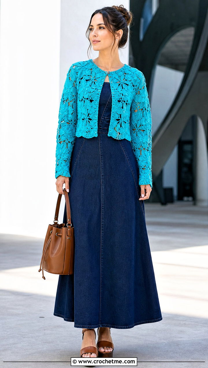 Lotus Flower Cardigan With Denim Maxi Dress - 30 crochet flowers cardigan outfit ideas