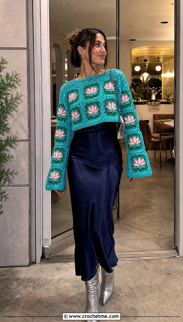 Lotus Flower Granny Square Sweater With Silk Slip Dress - 30 flower granny square sweater outfit ideas