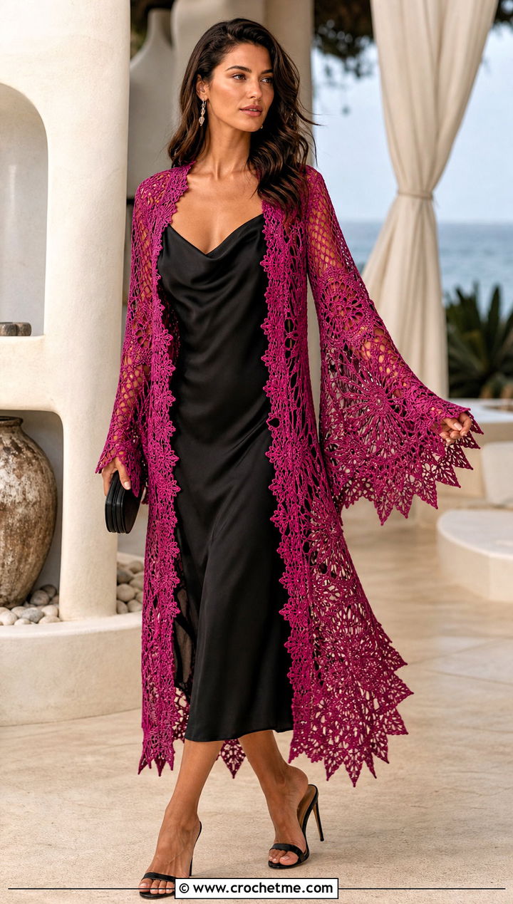 Lotus Mandala Duster With Satin Slip Dress - 15 Crochet Circular Jacket outfit ideas