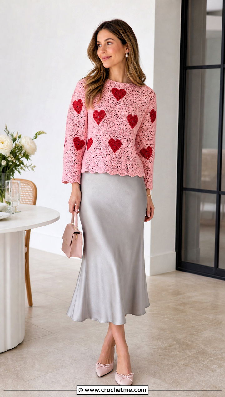 Lover Heart Crochet Sweater With Satin Midi Skirt - 25 taylor swift crochet sweater outfit ideas