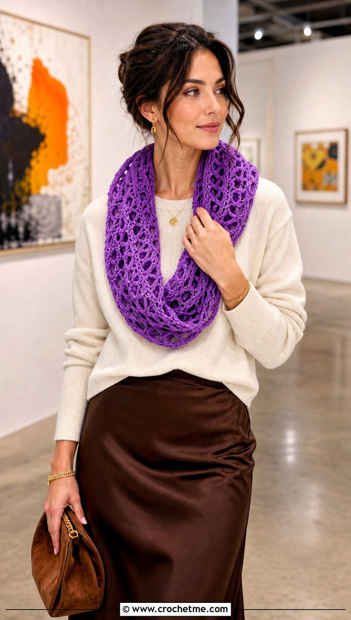 Lovers Knot Crocheted Infinity Scarf With Satin Skirt and Sweater - 15 Easy Crocheted Infinity Scarf outfit ideas