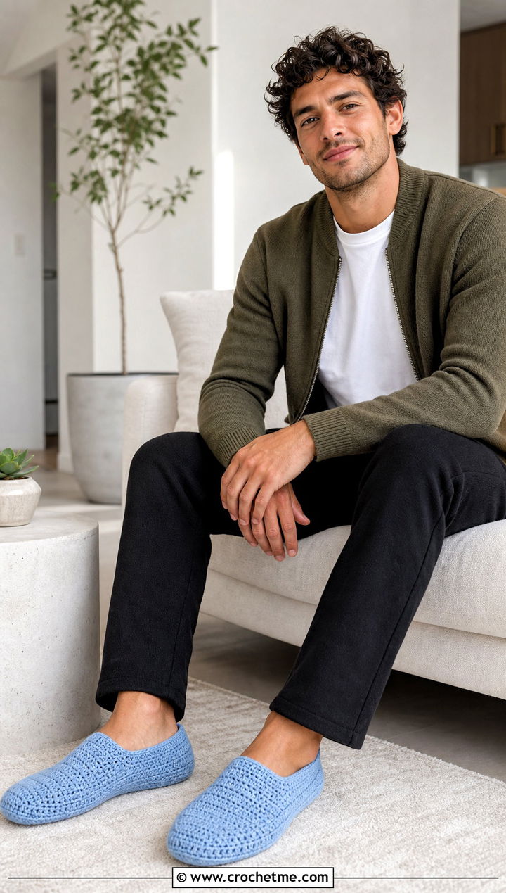 Low Cut Crochet House Shoes With T Shirt And Knit Pants - 30 easy mens crochet slippers outfit ideas
