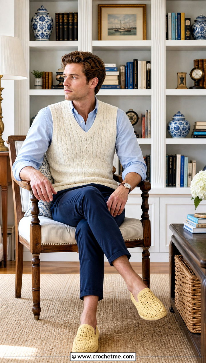 Low Cut Crochet Slippers With Preppy Basics - 25 crochet slippers for men outfit ideas