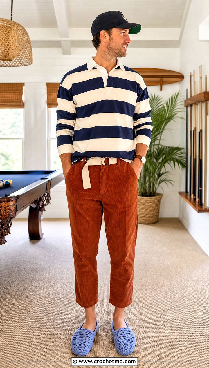Low Cut Crochet Slippers With Rugby Shirt and Corduroy Pants - 35 mens crochet slippers outfit ideas