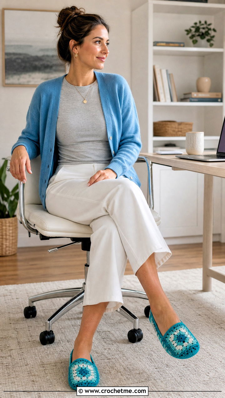 Low Cut Granny Square Slippers With Wide Leg Pants - 20 Easy Granny Square Crochet Slippers outfit ideas