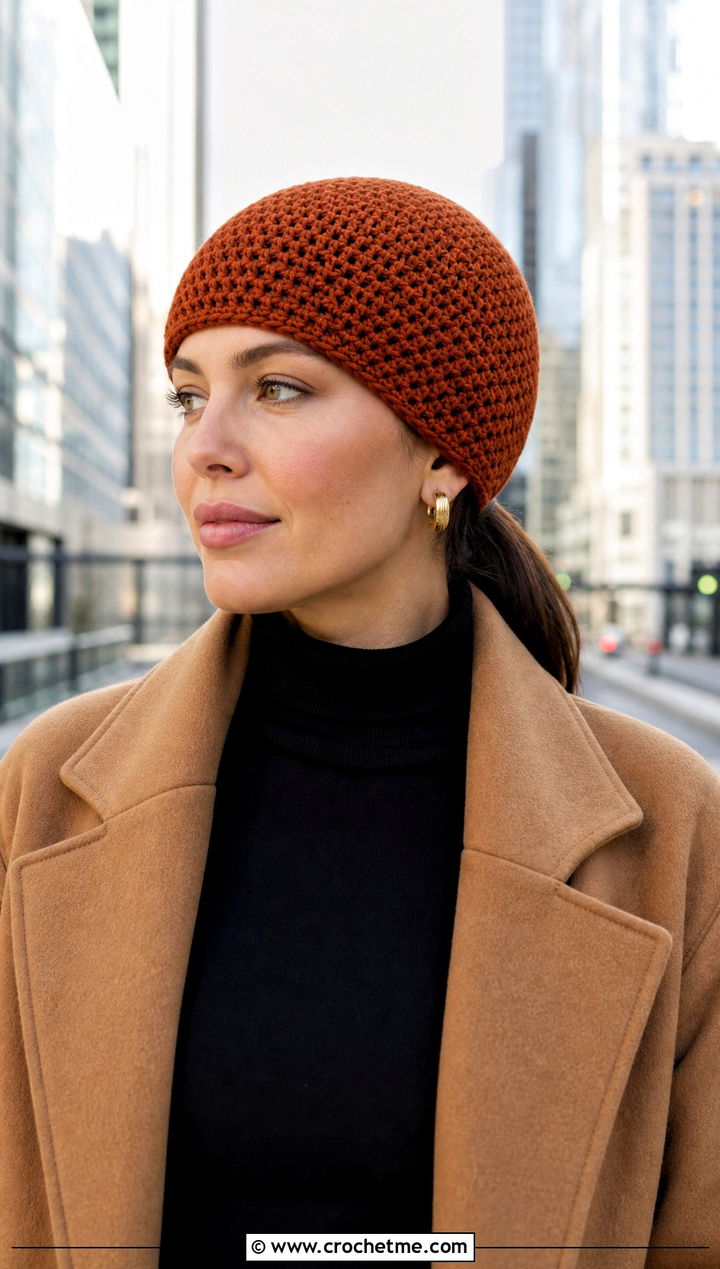 Low Ponytail Crochet Beanie With Oversized Coat - 30 crochet hat with ponytail hole outfit ideas