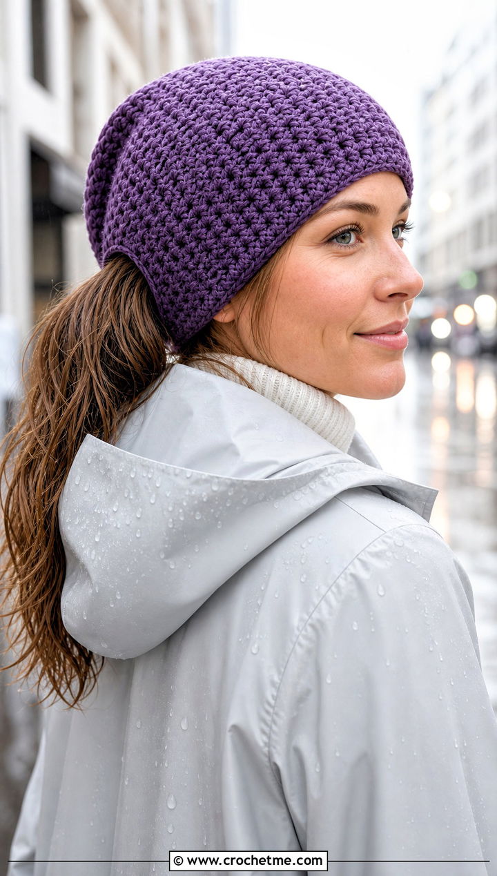 Low Ponytail Crochet Beanie With Raincoat And Waterproof Boots - 20 Crochet Beanie With Ponytail Hole Hat outfit ideas