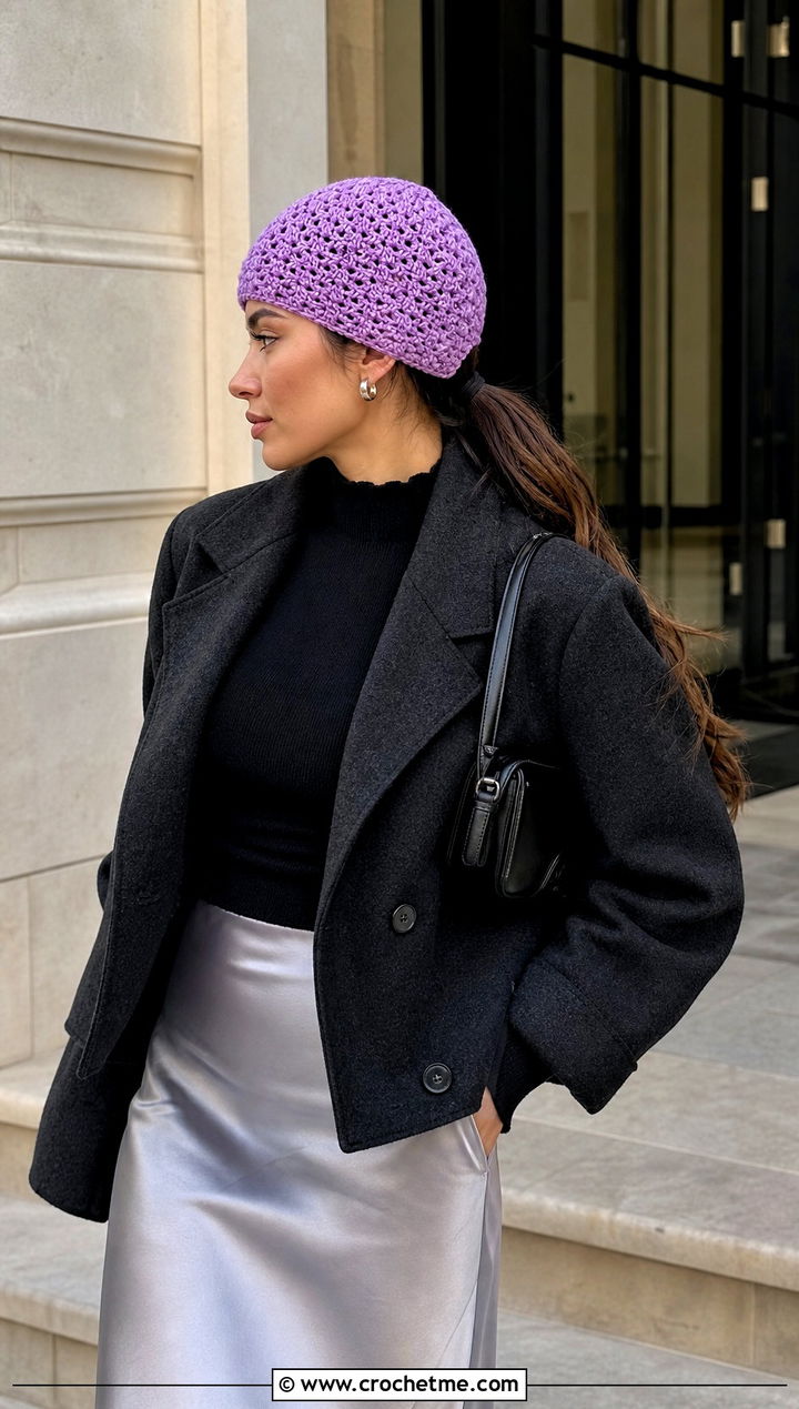 Low Ponytail Crochet Beanie With Satin Skirt - 20 easy crochet ponytail hat outfit ideas