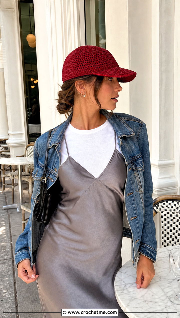 Low Profile Crochet Baseball Cap With Slip Dress - 25 crochet baseball cap outfit ideas