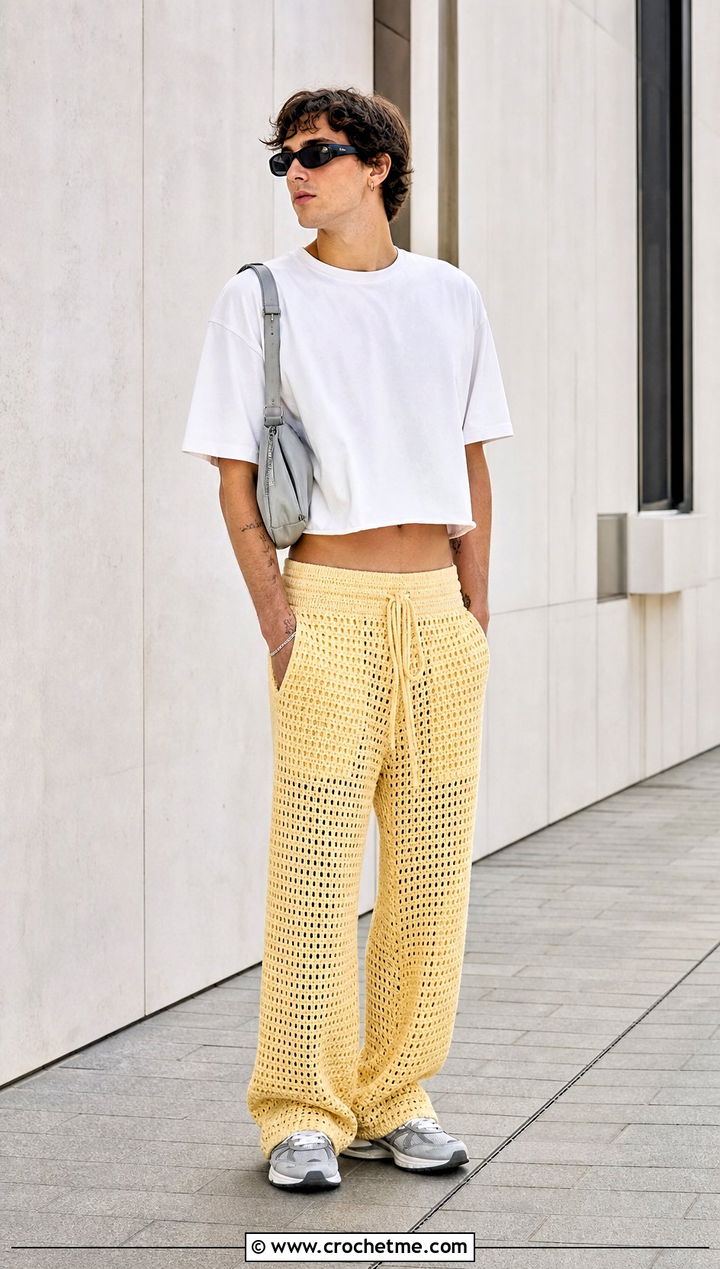 Low Rise Crochet Pants With Boxy T Shirt - 30 mens crochet pants outfit ideas