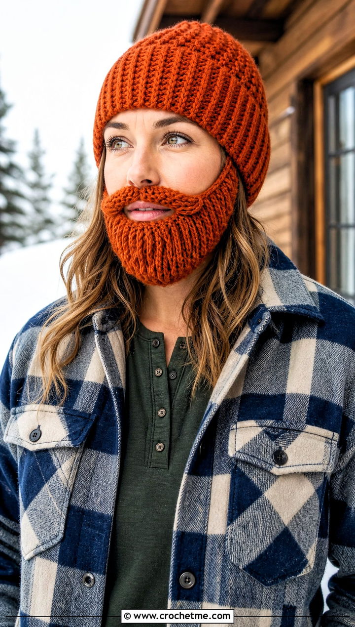 Lumberjack Beard Crochet Beanie With Plaid Shacket - 25 Beard Crochet Hat outfit ideas