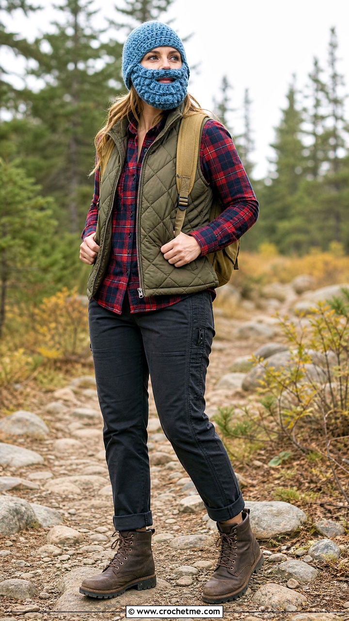 Lumberjack Beard Hat With Flannel Shirt - 35 crochet beard hat outfit ideas