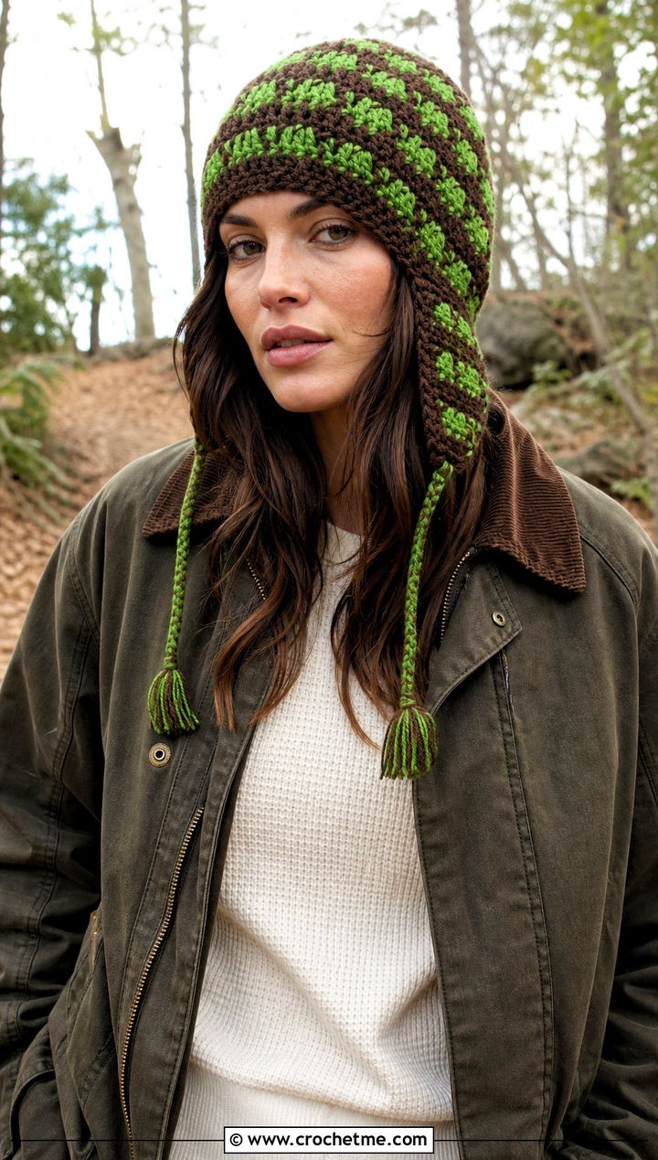Lumberjack Plaid Earflap Crochet Beanie With Barn Jacket - 15 Plaid Crochet Beanie outfit ideas