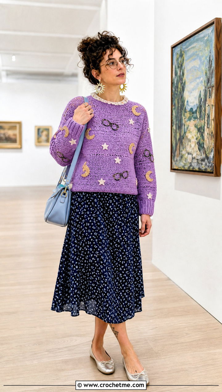 Luna Inspired Crochet Sweater With Printed Midi Skirt - 35 crochet harry potter sweater outfit ideas