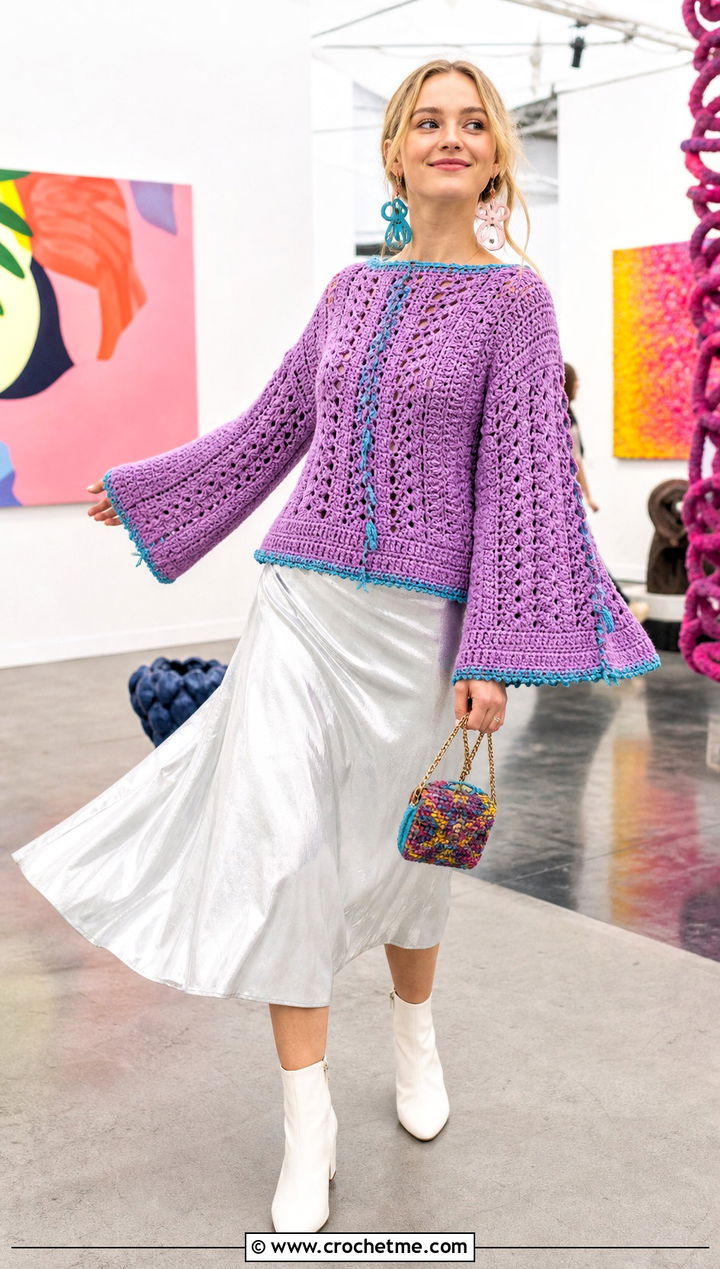 Luna Lovegood Crochet Sweater With Metallic Midi Skirt - 25 Harry Potter Crochet Sweater outfit ideas