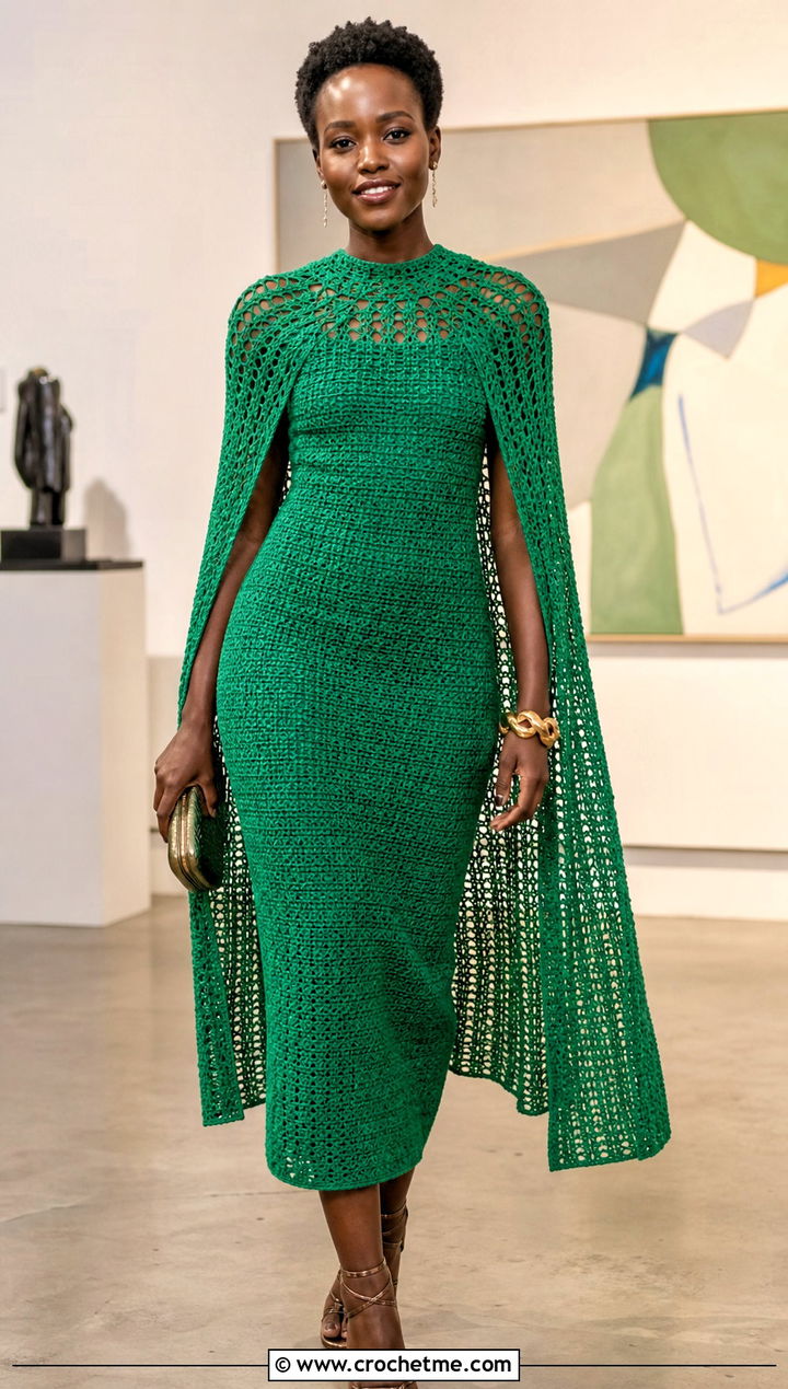 Lupita Nyongo Crochet Cape Dress With Strappy Heels - 25 Celebrities Crochet Outfit ideas