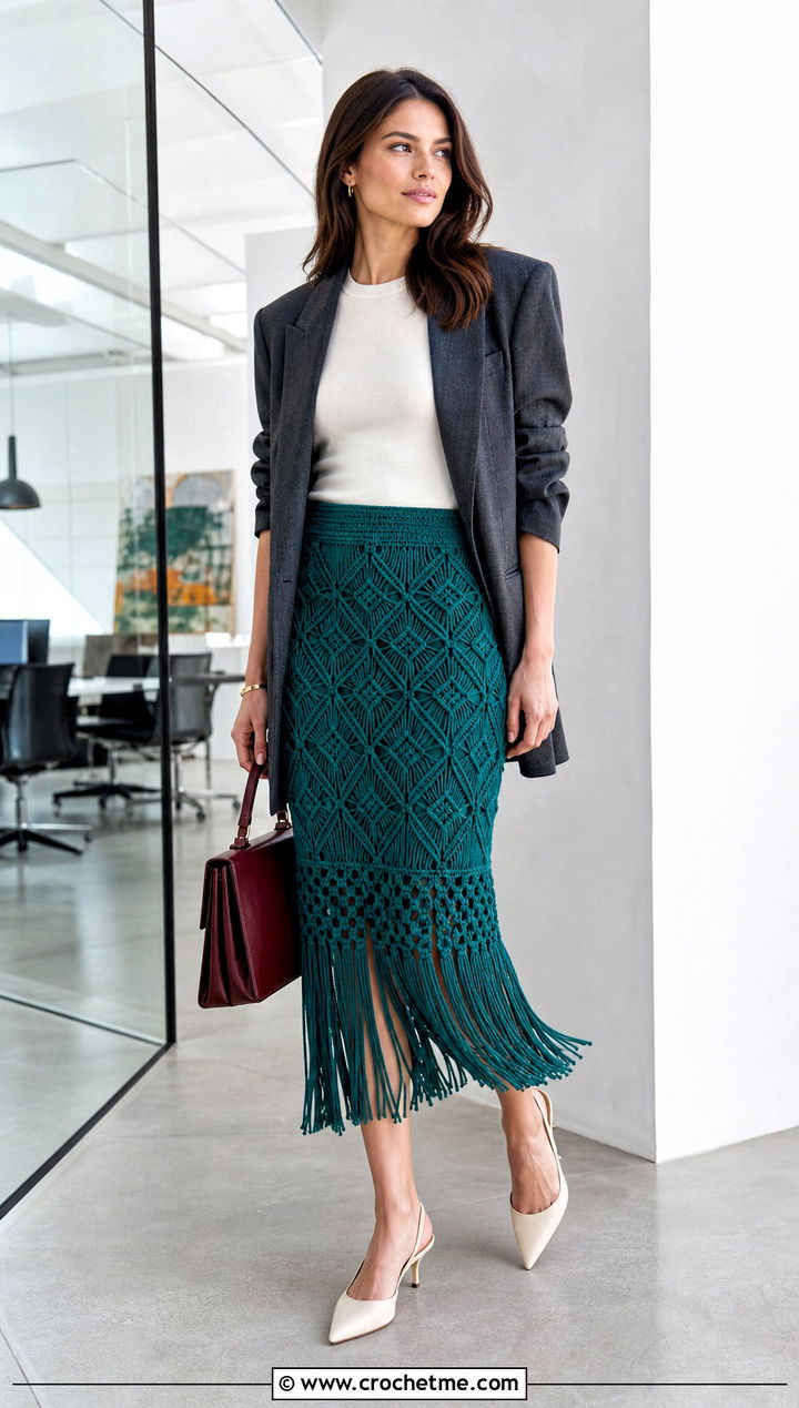 Macrame Crochet Fringe Midi Skirt With Blazer - 15 Crochet Fringe Skirt outfit ideas