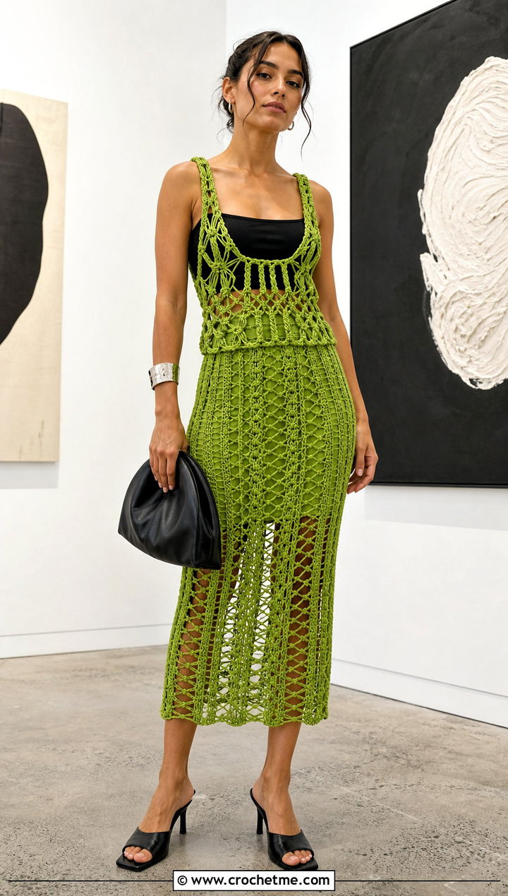 Macrame Crochet Midi Skirt Set With Square Neck Top - 35 Crochet Skirts Set Outfit ideas