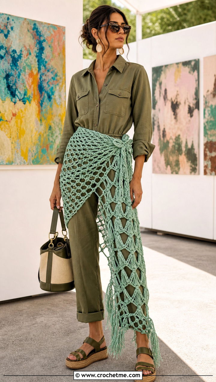 Macrame Look Crochet Sarong With Utility Jumpsuit - 35 crochet sarong outfit ideas