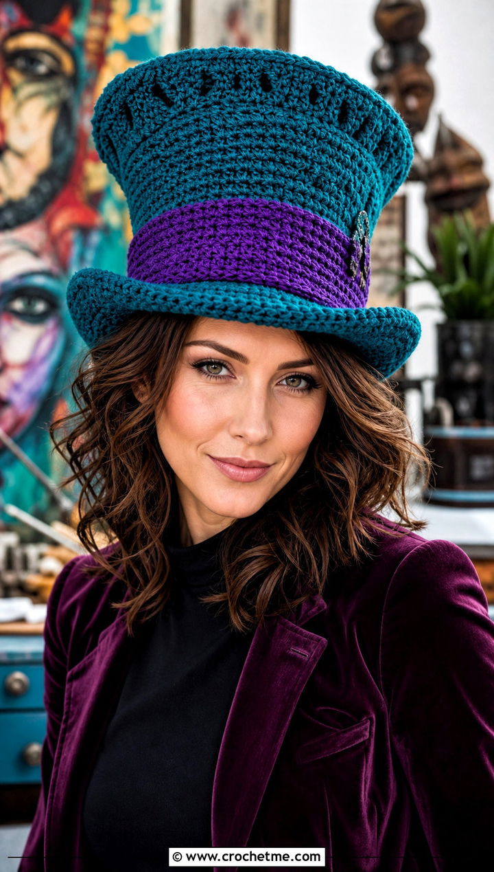 Mad Hatter Crochet Top Hat With Velvet Blazer - 30 disney crochet hat outfit ideas