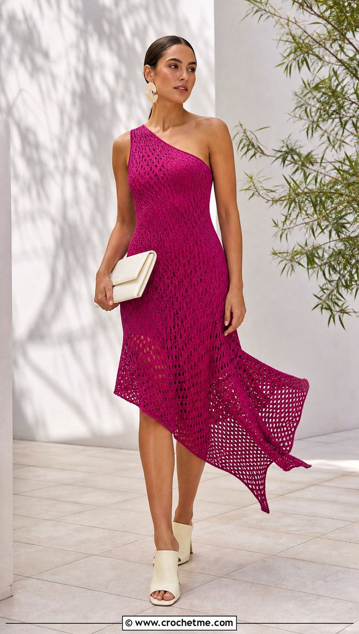 Magenta Asymmetric Hem Crochet Dress With Sculptural Mules - 35 crochet barbie dress outfit ideas