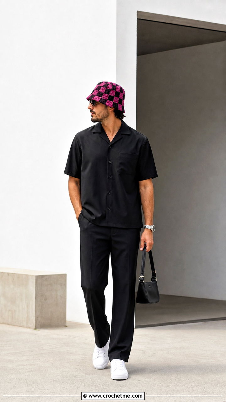 Magenta Checkerboard Crochet Bucket Hat With Black Outfit - 35 mens crochet hats outfit ideas