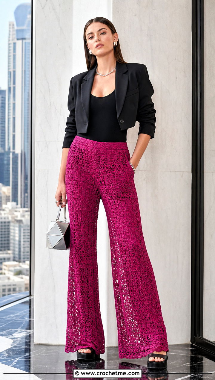 Magenta Crochet Wide Leg Pants With Black Bodysuit - 35 pink crochet outfit ideas