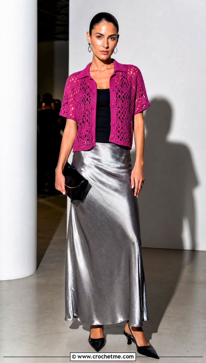 Magenta Cropped Stussy Crochet Shirt With Silver Maxi Skirt - 15 stussy crochet shirt outfit ideas
