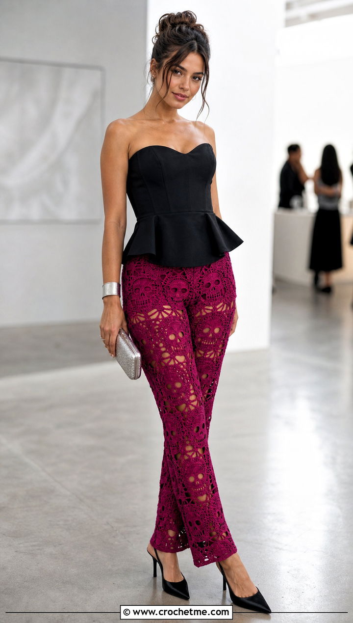 Magenta Fitted Crochet Skull Pants With Peplum Top - 25 Crochet Skull Pants outfit ideas