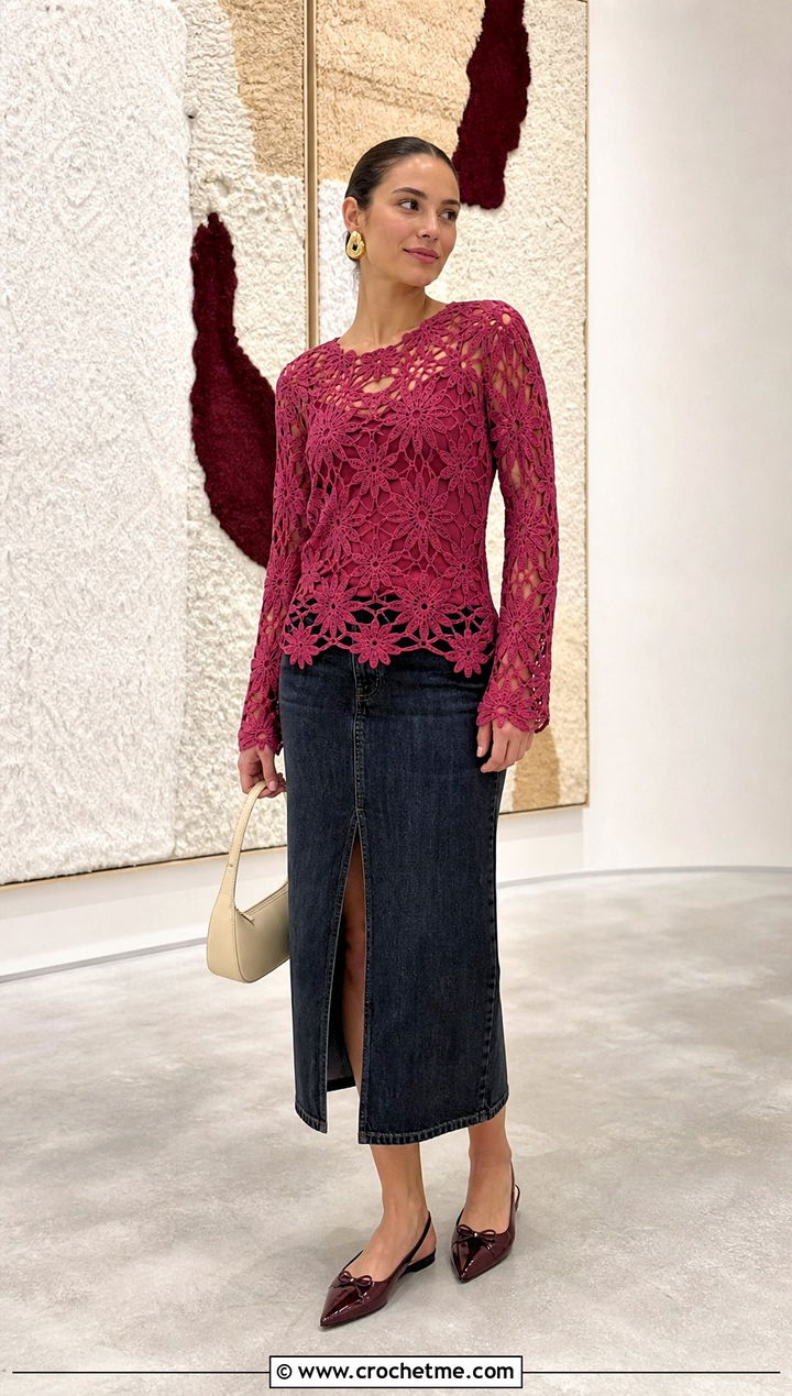 Magenta Floral Crochet Sweater With Denim Midi Skirt - 35 crochet light sweater outfit ideas