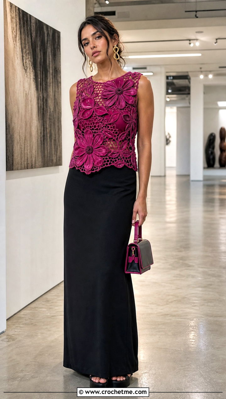 Magenta Flower Crochet Top With Black Maxi Skirt - 35 pink crochet outfit ideas