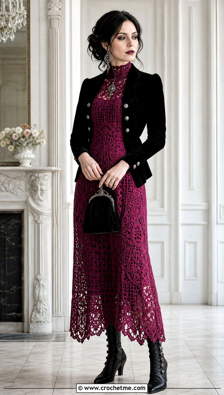 Magenta High Neck Crochet Dress With Victorian Boots - 15 goth crochet dress outfit ideas