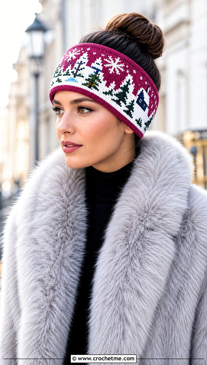 Magenta Mosaic Crochet Winter Wonderland Headband With Faux Fur Coat - 15 Mosaic Crochet Winter Wonderland Headband outfit ideas