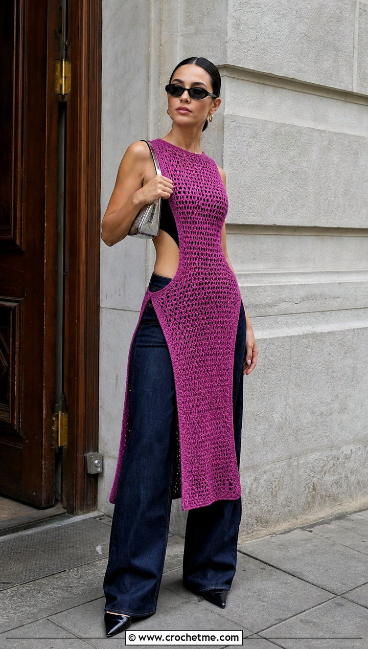 Magenta Purple Crochet Mini Dress With Wide Leg Jeans - 35 purple crochet dress outfit ideas