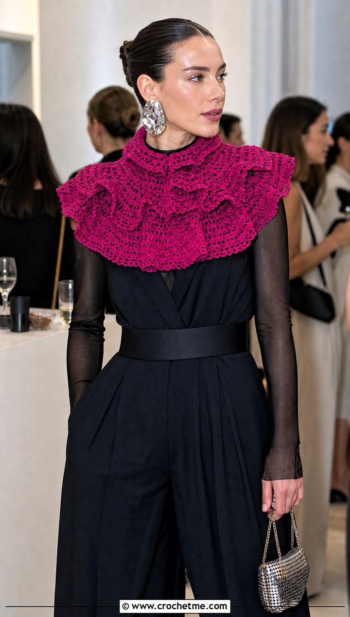 Magenta Ruffled Crochet Collar With Black Party Jumpsuit - 15 wednesday addams crochet collar outfit ideas